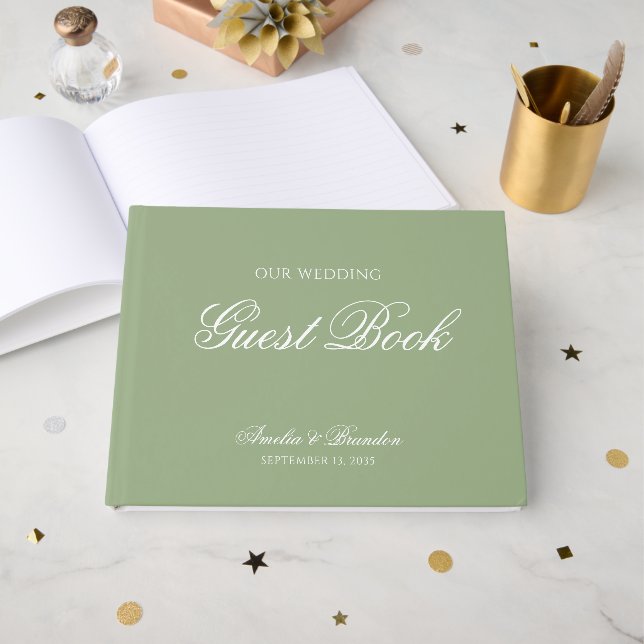 Classic Real Sage Green & White Script Wedding Guest Book (Front Open)