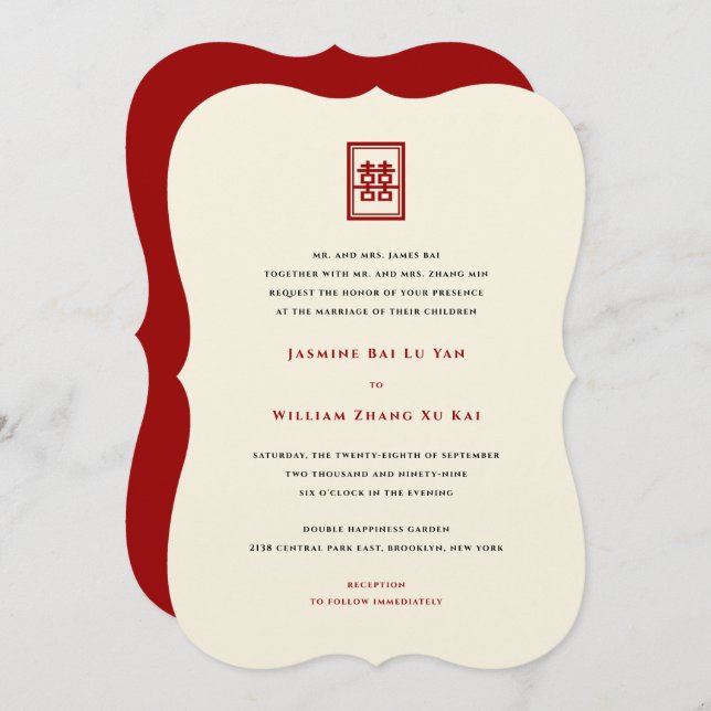 Classic Rectangle Double Happiness Chinese Wedding Invitation (Front/Back)