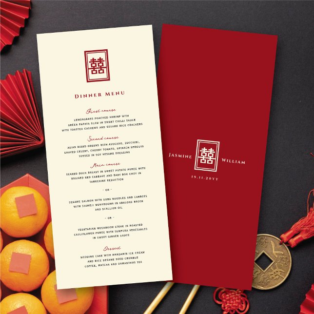 Classic Rectangle Double Happiness Chinese Wedding Menu (Classic Rectangle Double Happiness Chinese Wedding Menu @ fatfatin_red_knot)