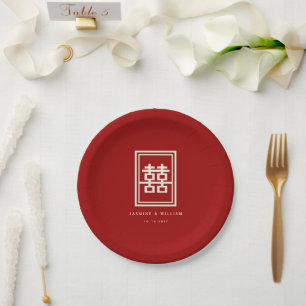 Classic Rectangle Double Happiness Chinese Wedding Paper Plate