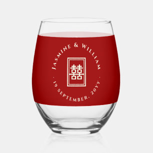 Classic Rectangle Double Happiness Chinese Wedding Stemless Wine Glass