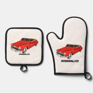 Classic red 1948 automobile oven mitt & pot holder set