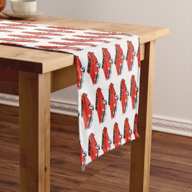 Classic red 1948 automobile short table runner (In Situ)