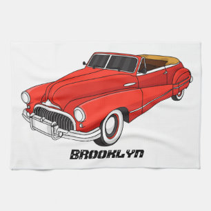 Classic red 1948 automobile tea towel