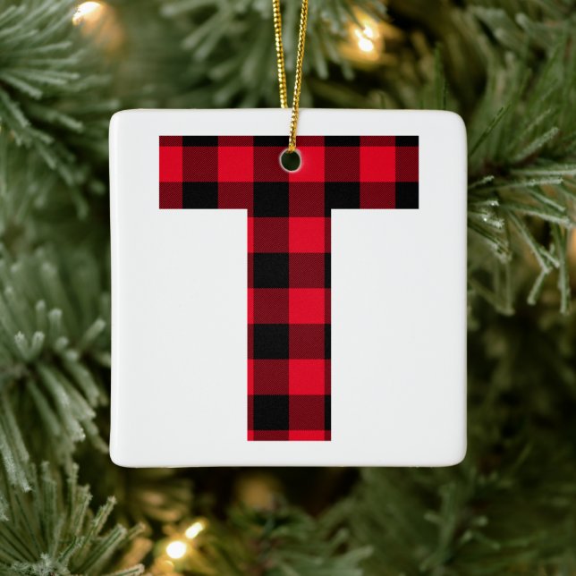 Classic Red and Black Buffalo Check T Monogram Ceramic Ornament (Tree)