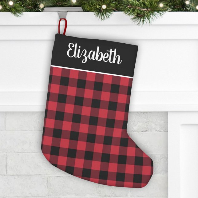 Classic Red and Black Buffalo Plaid Script Name Small Christmas Stocking (Creator Uploaded)