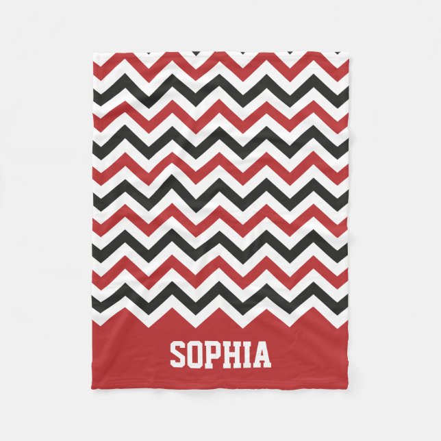 Classic Red and Black Chevron Custom Name Fleece Blanket (Front)