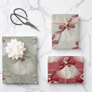 Classic Red and Green Bells, Ribbon, and Holly Wrapping Paper Sheet