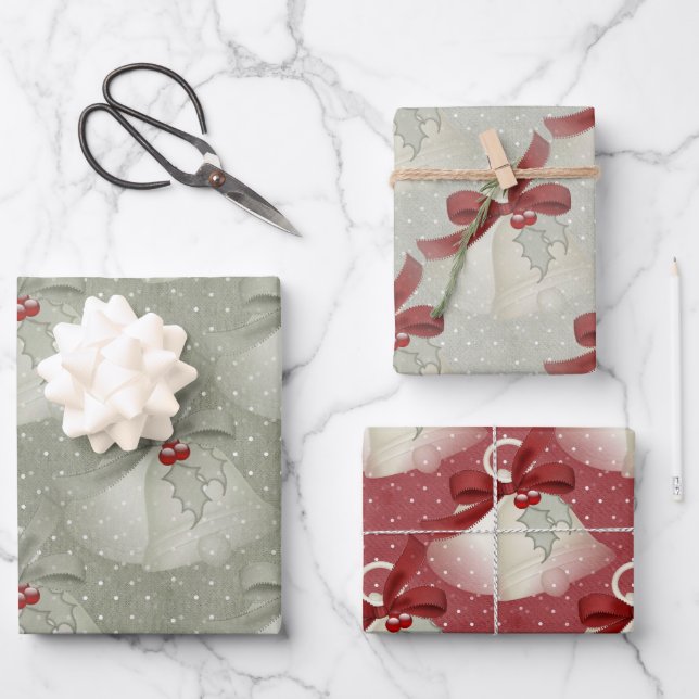 Classic Red and Green Bells, Ribbon, and Holly Wrapping Paper Sheet (Front)