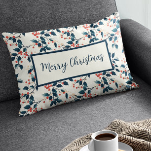 Classic Red and Green Holly Berries Christmas Lumbar Cushion