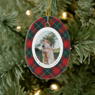 Classic Red and Green Plaid Family Photo Holiday Ceramic Ornament