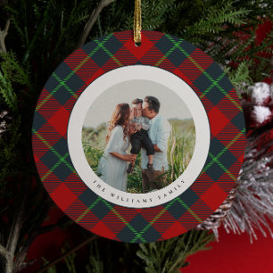 Classic Red and Green Plaid Family Photo Holiday Ceramic Ornament