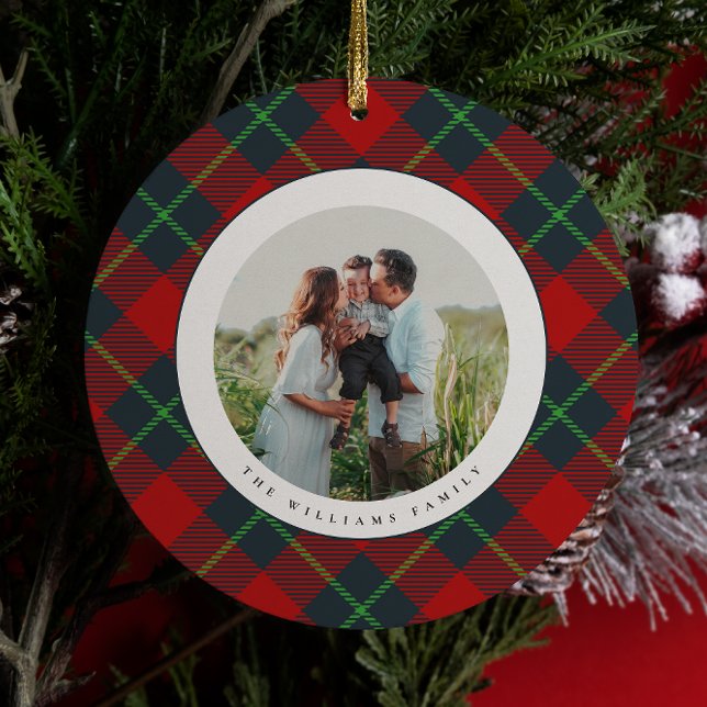 Classic Red and Green Plaid Family Photo Holiday Ceramic Ornament (Creator Uploaded)