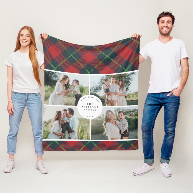 Classic Red and Green Plaid Family Photo Holiday Fleece Blanket (In Situ)