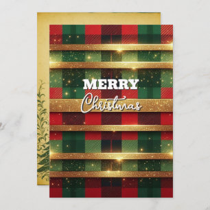 Classic Red and Green Plaid Sparkling Gold Stripes Holiday Card