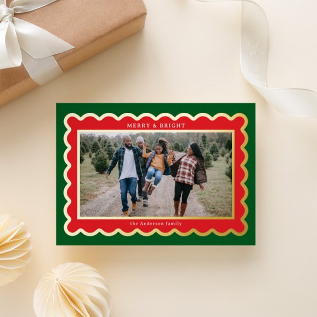 Classic Red and Green Preppy Scallop Photo Frame Foil Holiday Card (Creator Uploaded)