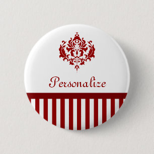 Classic Red and White Damask Stripes and Name 6 Cm Round Badge