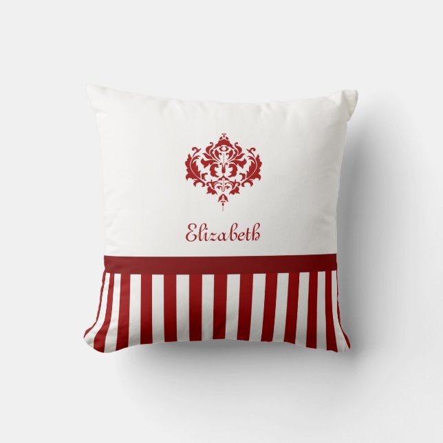 Classic Red and White Damask With Stripes and Name Cushion (Front)