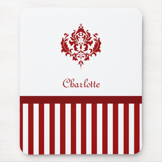 Classic Red and White Damask With Stripes And Name Mouse Pad (Front)