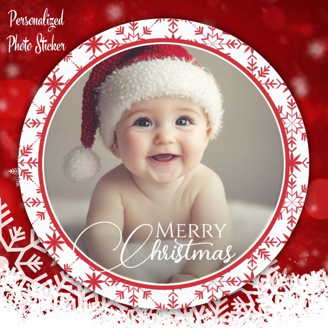Classic Red And White Merry Christmas Photo Classi Classic Round Sticker (Classic Red And White Merry Christmas Photo Classi Classic Round Sticker)
