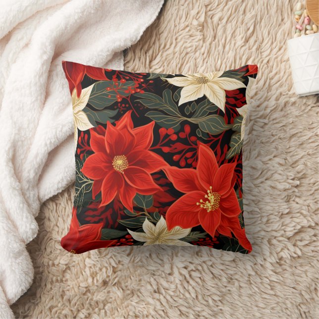 Classic Red and White Poinsettia Christmas Floral Cushion (Blanket)