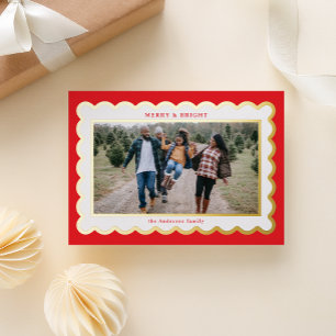 Classic Red and White Preppy Scallop Photo Frame Foil Holiday Card