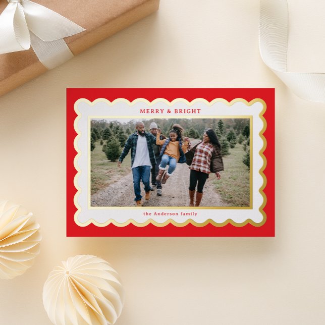Classic Red and White Preppy Scallop Photo Frame Foil Holiday Card (classic Christmas red and white frame a photo with preppy scallops and real foil)