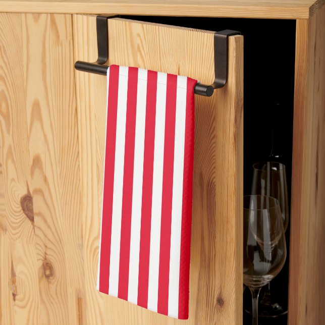 Classic Red and White Vertical Stripes Tea Towel (Thirds Fold)
