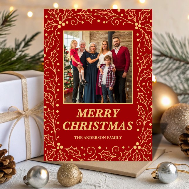 Classic Red & Antique-Gold Family Photo Christmas Holiday Card (Creator Uploaded)