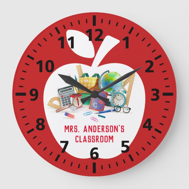 Classic Red Apple Classroom Teacher's Large Clock (Front)