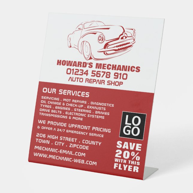 Classic Red, Auto Mechanic & Repairs Advertising Pedestal Sign (Front)
