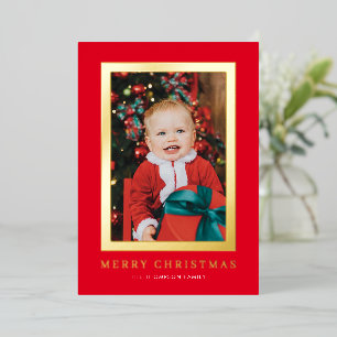 Classic Red Background Photo Gold Foil Holiday Card