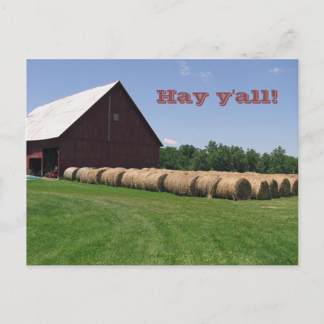 Classic Red Barn & Hay Bales Postcard (Front)