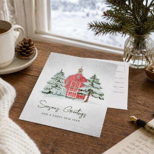 Classic Red Barn Snowflakes Pine Forest Christmas Holiday Postcard