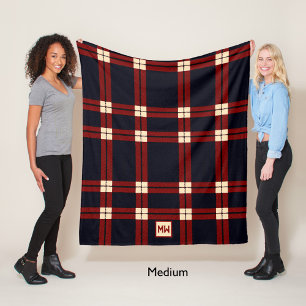 Classic red, black and cream plaid monogram fleece blanket