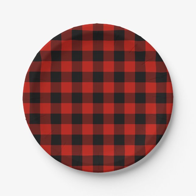 Classic Red Black Buffalo Plaid Lumberjack Pattern Paper Plate (Front)