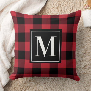 Classic Red Black Buffalo Plaid Monogram Christmas Cushion