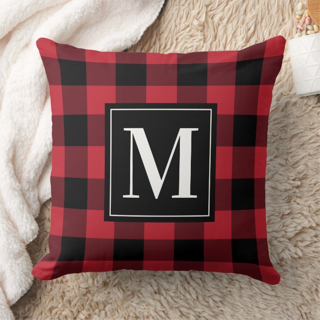 Classic Red Black Buffalo Plaid Monogram Christmas Cushion (Blanket)