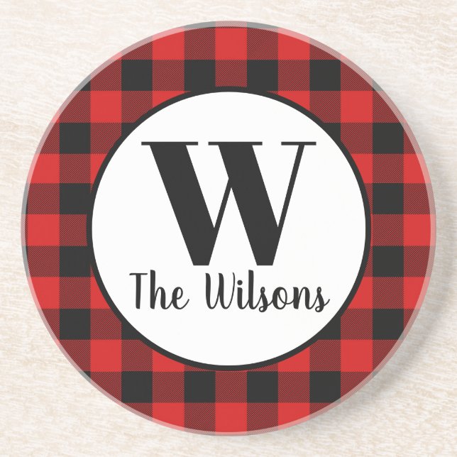 Classic Red Black Buffalo Plaid Monogram Coaster (Front)