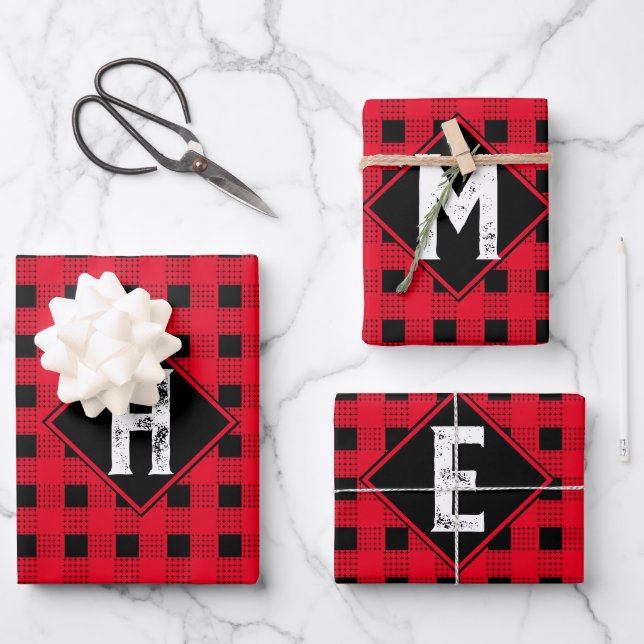 Classic red & black buffalo plaid Monogram initial Wrapping Paper Sheet (Front)