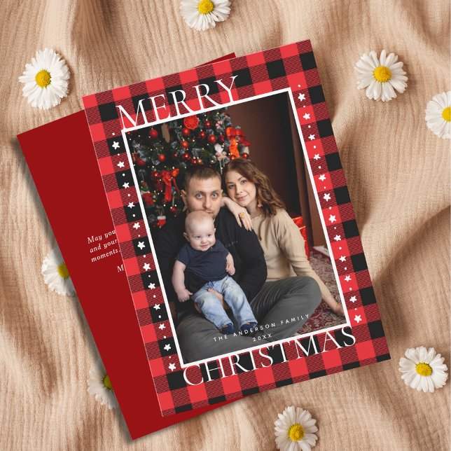 Classic Red Black Buffalo Plaid Photo Christmas  Holiday Card (Creator Uploaded)