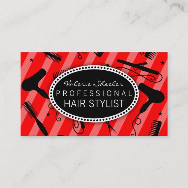 Classic Red & Black Hair Salon Tools Business Card (Front)