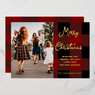 Classic Red & Black Plaid Family Photo Christmas Foil Holiday Card