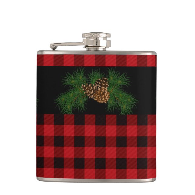 Classic red black plaid pattern  hip flask (Front)