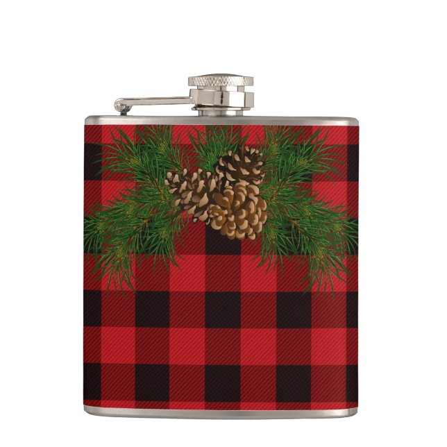 Classic red black plaid pattern pinecone hip flask (Front)