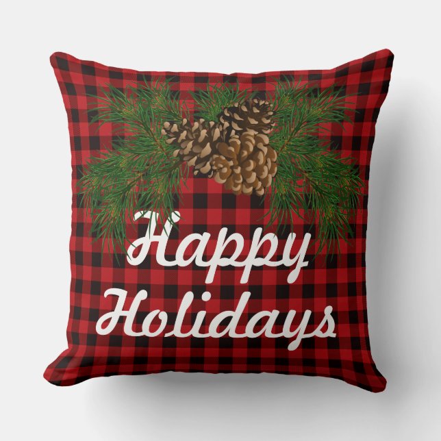 Classic red black plaid pine cone calligraphy cushion (Front)