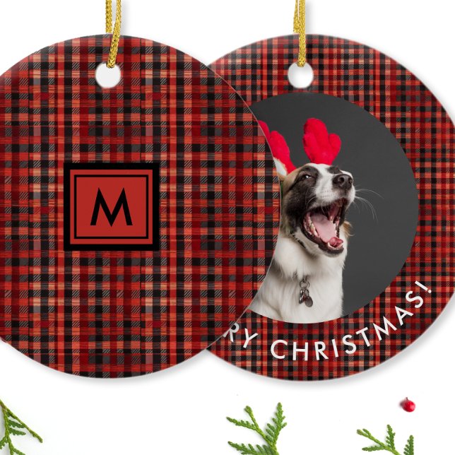 Classic Red Black Plaid Tartan Pattern Monogram Ceramic Ornament (Creator Uploaded)