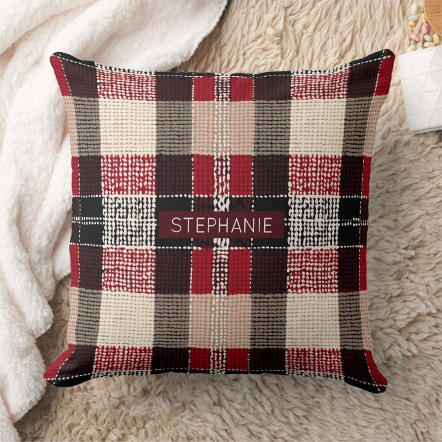 Classic Red & Black Tartan Plaid - Rustic Woven Cushion (Blanket)