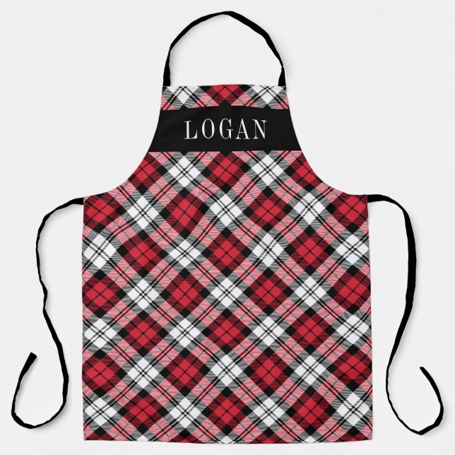 Classic Red Black Watch Plaid Monogram Mens Apron (Front)