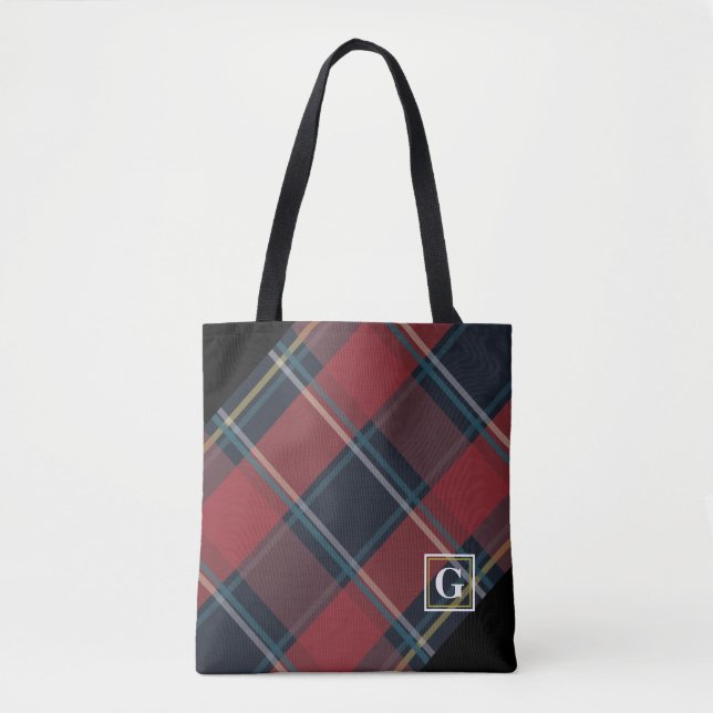Classic Red, Blue and Black Plaid Monogram Tote Bag (Front)